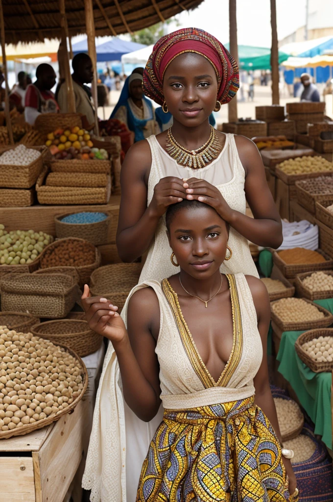 Nigérienne, islamique, femme, vêtements en pagne africain colorés, des yeux noisette, peau embrassée au chocolat et au soleil, rondeurs hanche, portant de l'huile d'arachide dans sa main droite, au marché