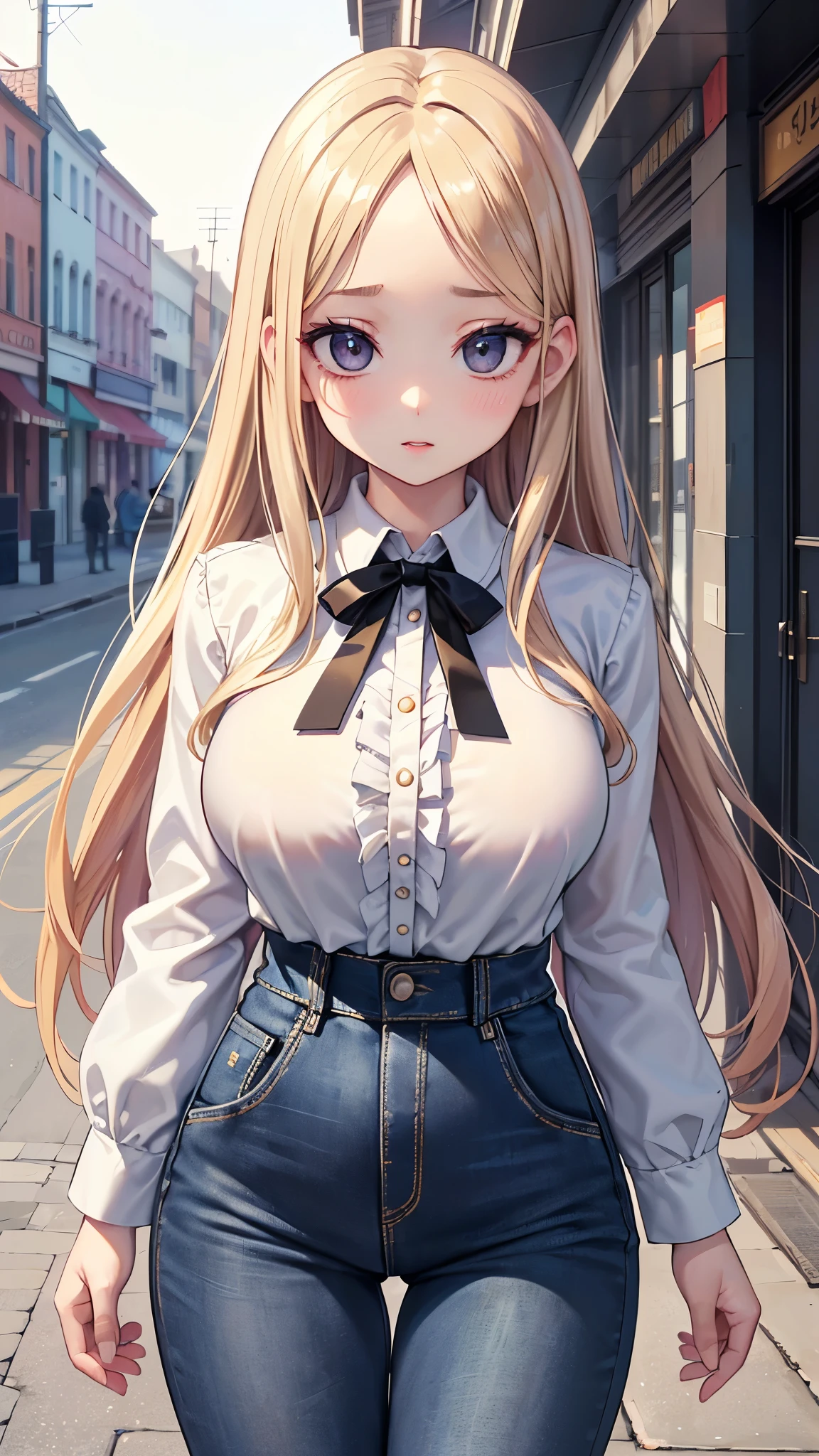 (masterpiece, 最high quality, 超High resolution, Very detailed), (Realistic:1.1, photoRealistic:1.4), Perfect illustration, Perfect lighting,Hair in perfect detail, Perfect and detailed face, Perfect collarbone, Perfect body,Juicy breasts, Perfect Thighs, Beautiful feet, View your viewers, 1 Girl,Perfect Face, (Perfect Anatomy, Anatomically correct), Symmetrical face、((Shiny Hair)),Sexy Body、(masterpiece),(最high quality：1.3),8k,Very clear,(Ultra-realistic),,Captivating woman,(high quality, High resolution, Fine details), Realisticなスタイルの女性,Juicy breasts、One perfect woman、Perfect Face、Symmetrical face、Baby Face、((Large Breasts))、blush、((Juicy lips))、Cowboy Shot、((Straight blonde hair with exposed forehead))、((Large, double-set black eyes、Long eyelashes))、((Red makeup))、((White collared frill shirt、Black tie)))、(((High waist denim pants))、(Outdoor、European streets at daytime)
