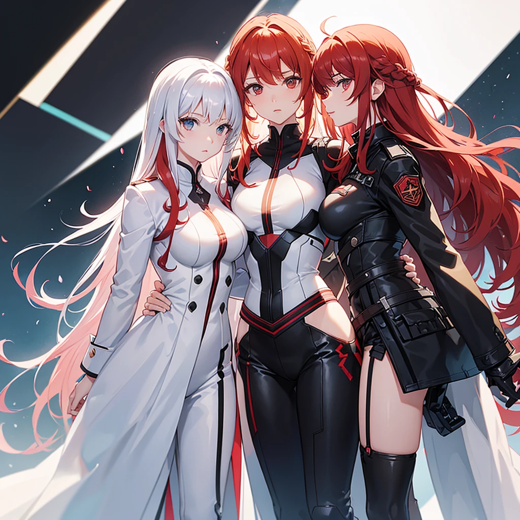 Female, medium breast size, white and red hair, curly hair, white skin tone, fully clothed black soldier suit, black suit, one human
