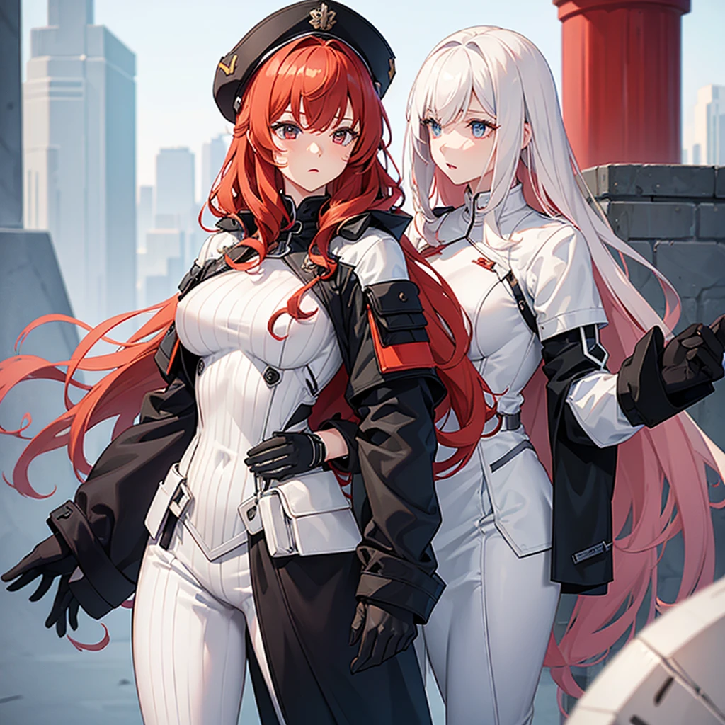 Female, medium breast size, white and red hair, curly hair, white skin tone, fully clothed black soldier suit, black suit, one human