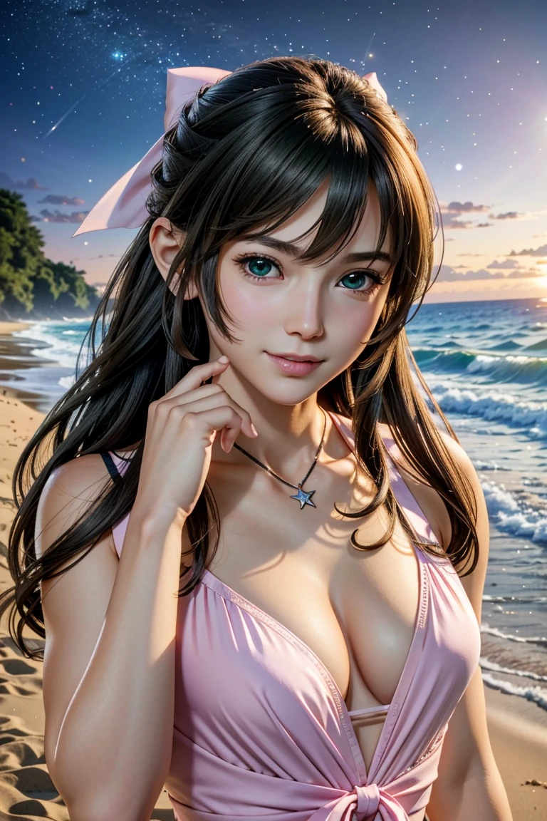 (masterpiece, 最high quality)
Air FF7, 1 girl, alone, Long Hair, bangs, Brown Hair, dress, bow, ribbon, jewelry, Mouth closed, Green Eyes, Red jacket, hair ピンクribbon, Upper Body, Braiding, hair bow, Side Lock, choker, necklace, lips, parted bangs, pink bow, Portraiture, ピンクdress,  Realistic,Super high quality,high quality,masterpiece,Digital SLR,Detailed explanation,Exquisite details,Anatomical basis,Detailed Description,Detailed face,Realistic skin texture,Sharp details,Perfect Anatomy,Perfect Anatomy,Anatomically correct hand,Anatomically correct fingers,Super Detail,Complex 3D rendering,Sexy pose,The beautiful world of Final Fantasy 7,Pink Swimsuit,Wet,Beautiful night sky,A starry sky,Beautiful beaches,Fantastic night beach,shooting star,Fantasy worldview,Picturesque,Pink Lips,smile,Brighten up your expression,