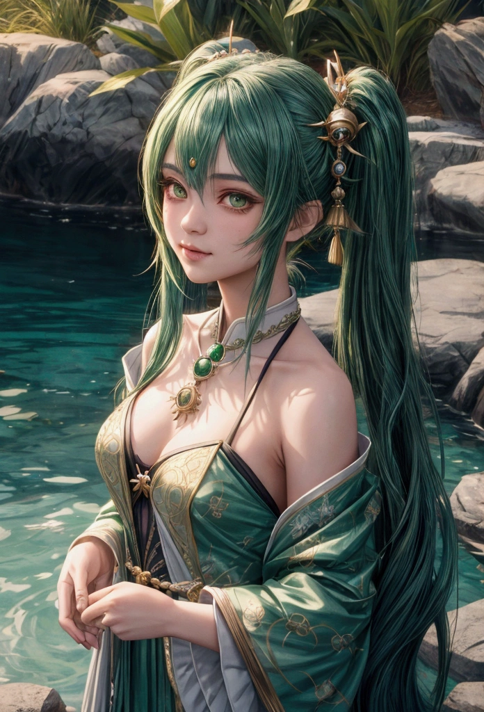 1girl, solo, hair ornament, green hair, twintails, long hair, dress, water,, mid shot portrait photo of (Faruzan) from Genshin Impact,, dark fantasy background, charming smirking., by Greg Rutkowski and Walt Disney ultra realistic highly detailed intricate photorealistic analog style photograph sharp focus on eyes, cinematic lighting,, , ,UHD, HDR, 8K 