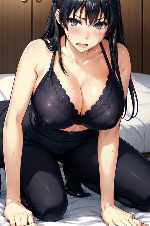 1girl, full body, facing viewer, looking at viewer, ahegao face, BARE SHOULDERS,black bra , black pants, sweat, tired, exhausted,sex scene, sexy pose