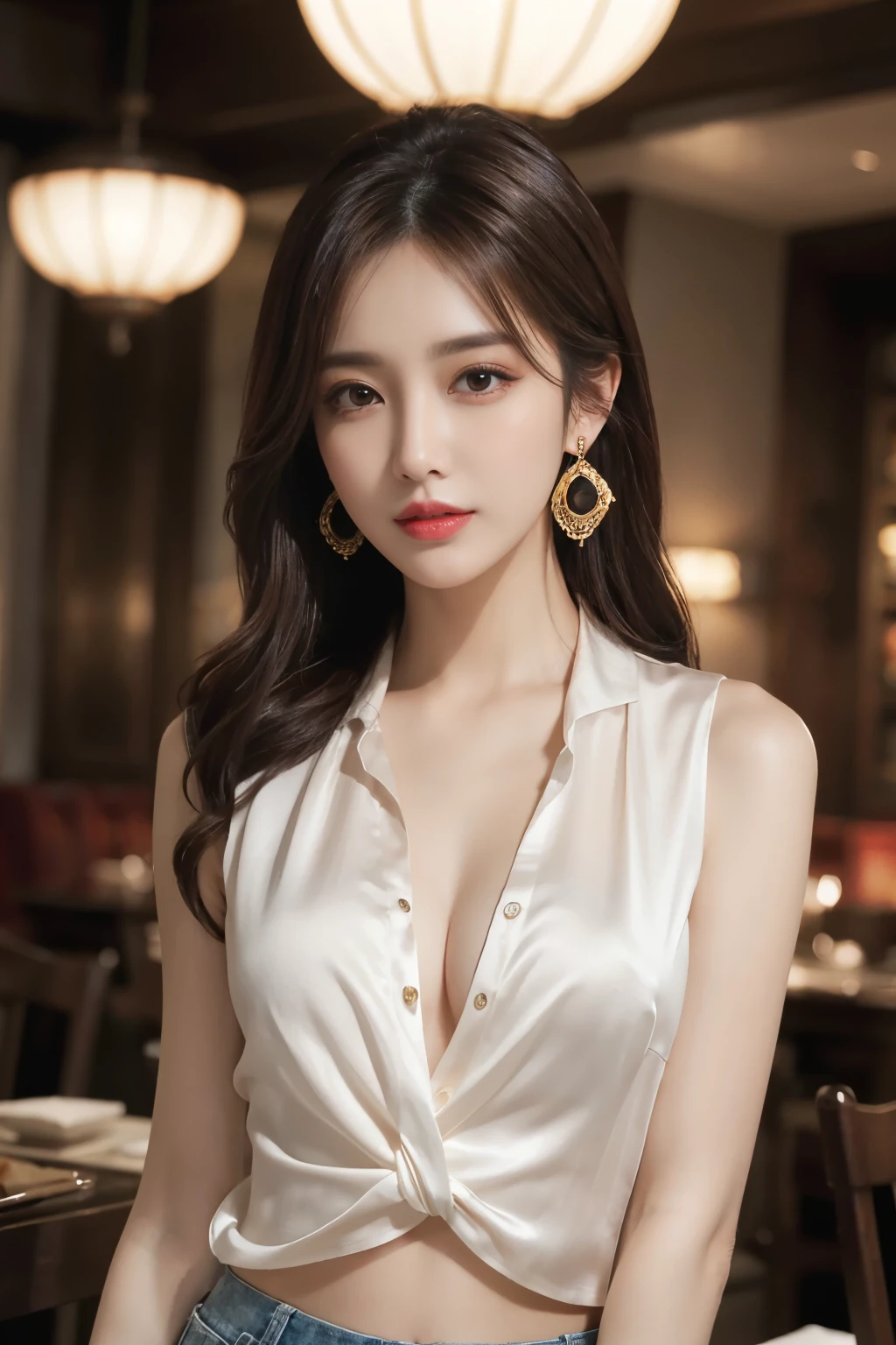 masterpiece, best quality, Practical, Very detailed, Finer details, high resolution, 8k wallpaper, A beautiful woman, Wear a silk shirt in a nice color, In a great restaurant, night, Light brown messy hair, Perfect dynamic composition, Pretty and beautiful eyes、Big earrings、Chest、sleeveless tops、