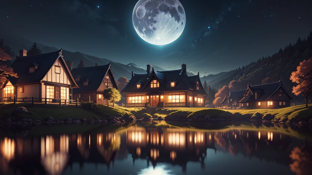 a moon reflected over a Scottish style house at night, Not Cyril Rolando style, Japanese style landscapes, Emily Carr, enchanting, idyllic rural scenes, dark blue, 4K, Naoki Urasawa, work of art