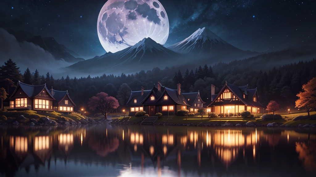a moon reflected over a Scottish style house at night, Not Cyril Rolando style, Japanese style landscapes, Emily Carr, enchanting, idyllic rural scenes, dark blue, 4K, Naoki Urasawa, work of art