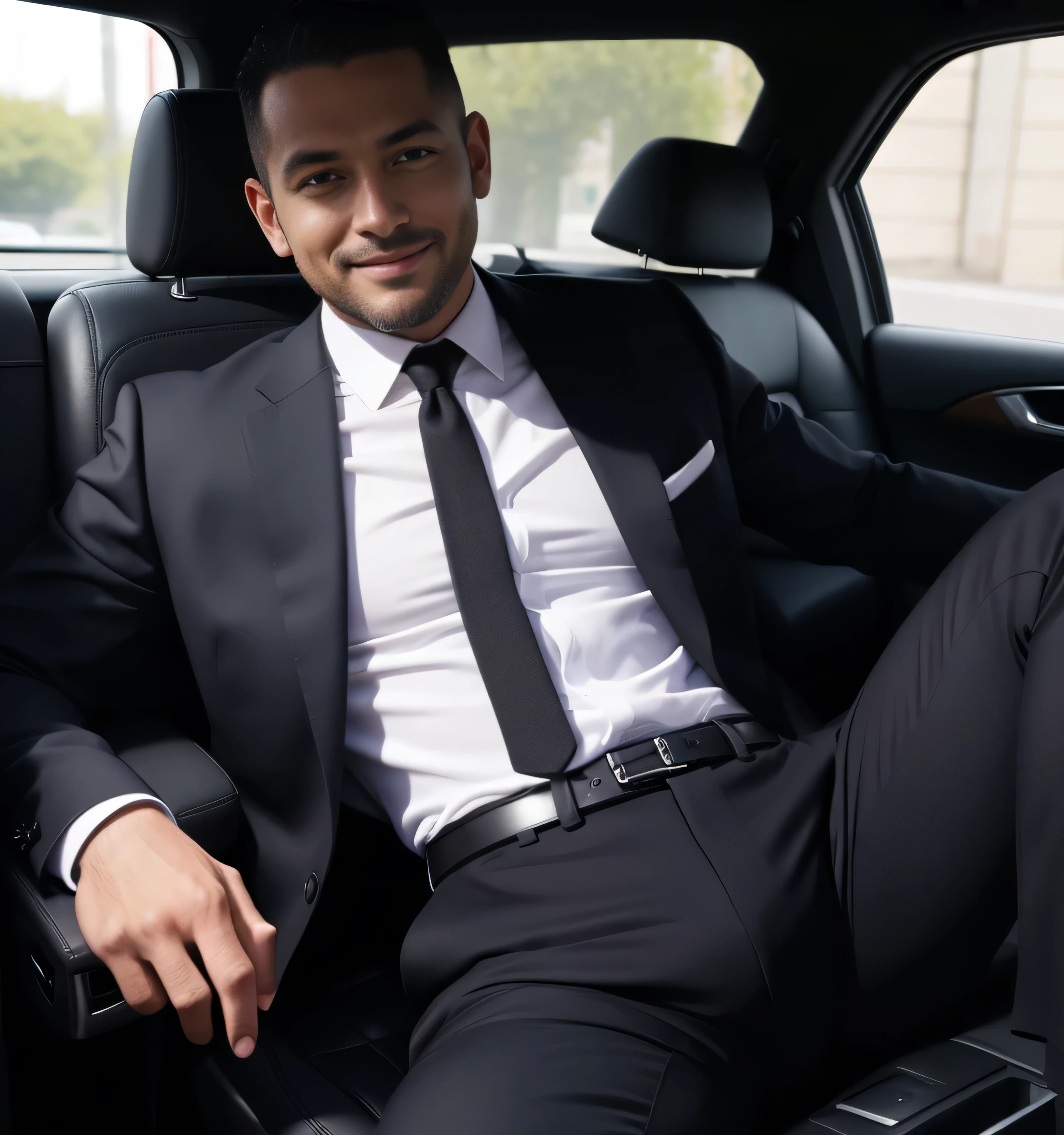 40 years old,One Man,Black Suit,Inside the car、mafia、legs wide open、The crotch area of the pants is bulging,Bulging muscles,Gay ,Short Hair,Short Hair、Stubble,Turk,Hermes Belt。Smile a little