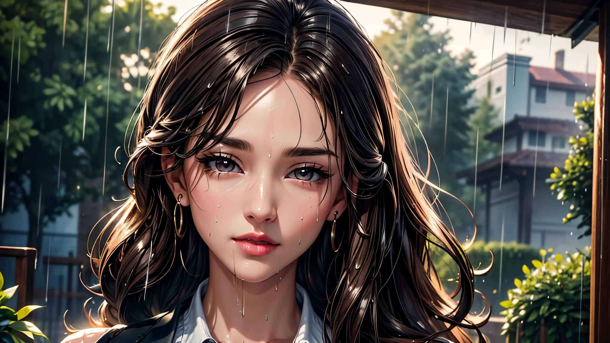 (best quality, 4K, masterpiece :1.3), pretty Woman, 1 girl, Sexy :1.1, Dark brown hair: 1.1, Half up half down Half up half down, (wet from rain, wet by rain, wet :1.2), White vest, Ultra-detailed face, Detailed lips, super detailed eyes, double eyelids, long upper eyelashes, Soft skin, 8k, Super detailed, Ultra high quality, retina, High resolution, masterpiece, Winning, accurate