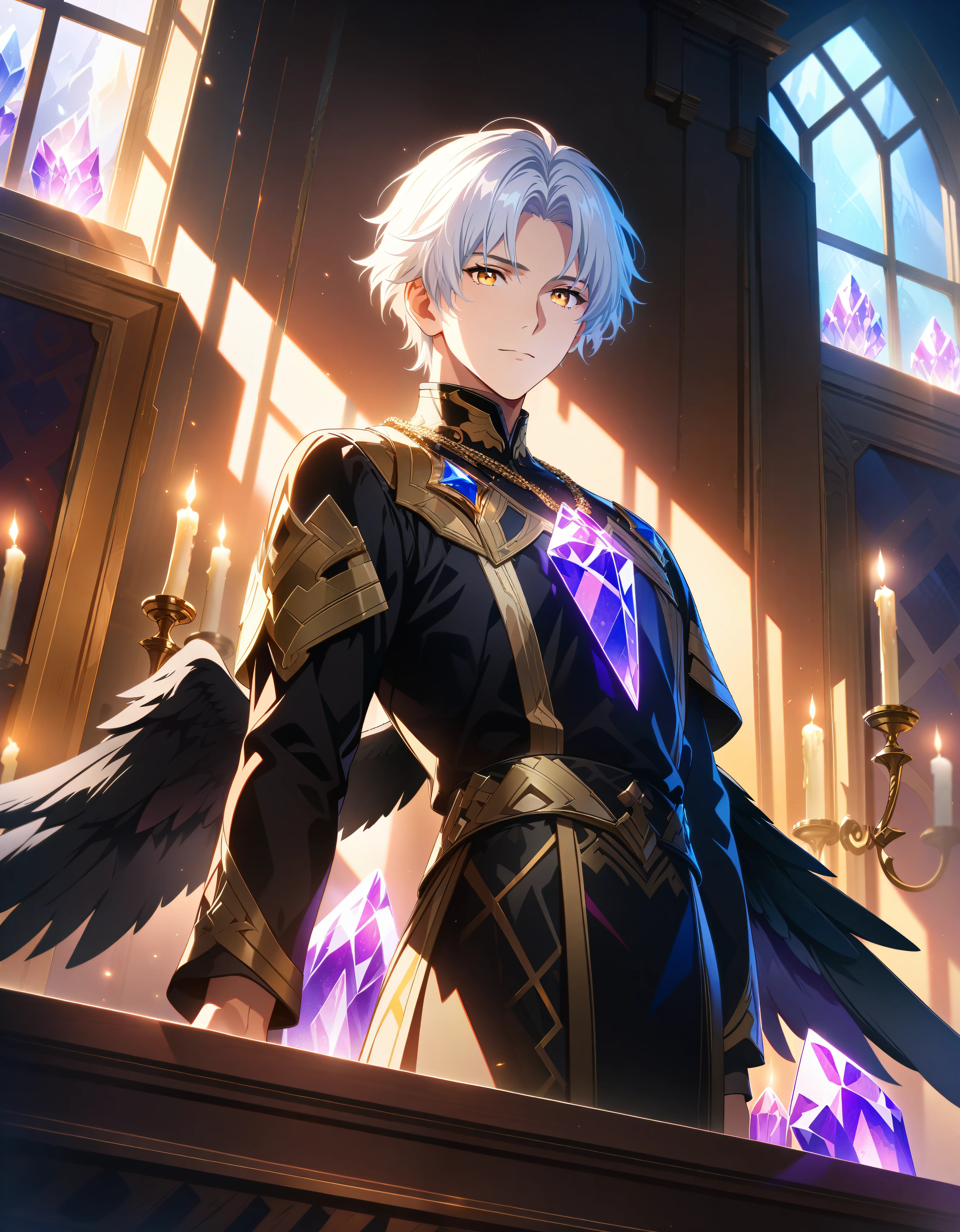 masterpiece, best quality, Detailed eyes, detailed face, Solo, Male, ((man)), 1man, athletic build, Aasimar, short hair, ((White Hair)), golden eyes, ((gold eyes)), black outfit, (Wearing black clothes), Gold Trim, wearing a crystal necklace, (((purple crystal))), wings, angle wings, ((black wings)), holding a candle, window, behind character, (light coming from behind window), candles in background, full body portrait, (facing viewer), (extremely detailed CG unity 8k wallpaper), (best quality), (best illustration), (best shadow), absurdres, realistic lighting, Dynamic lighting, beautiful detailed glow,