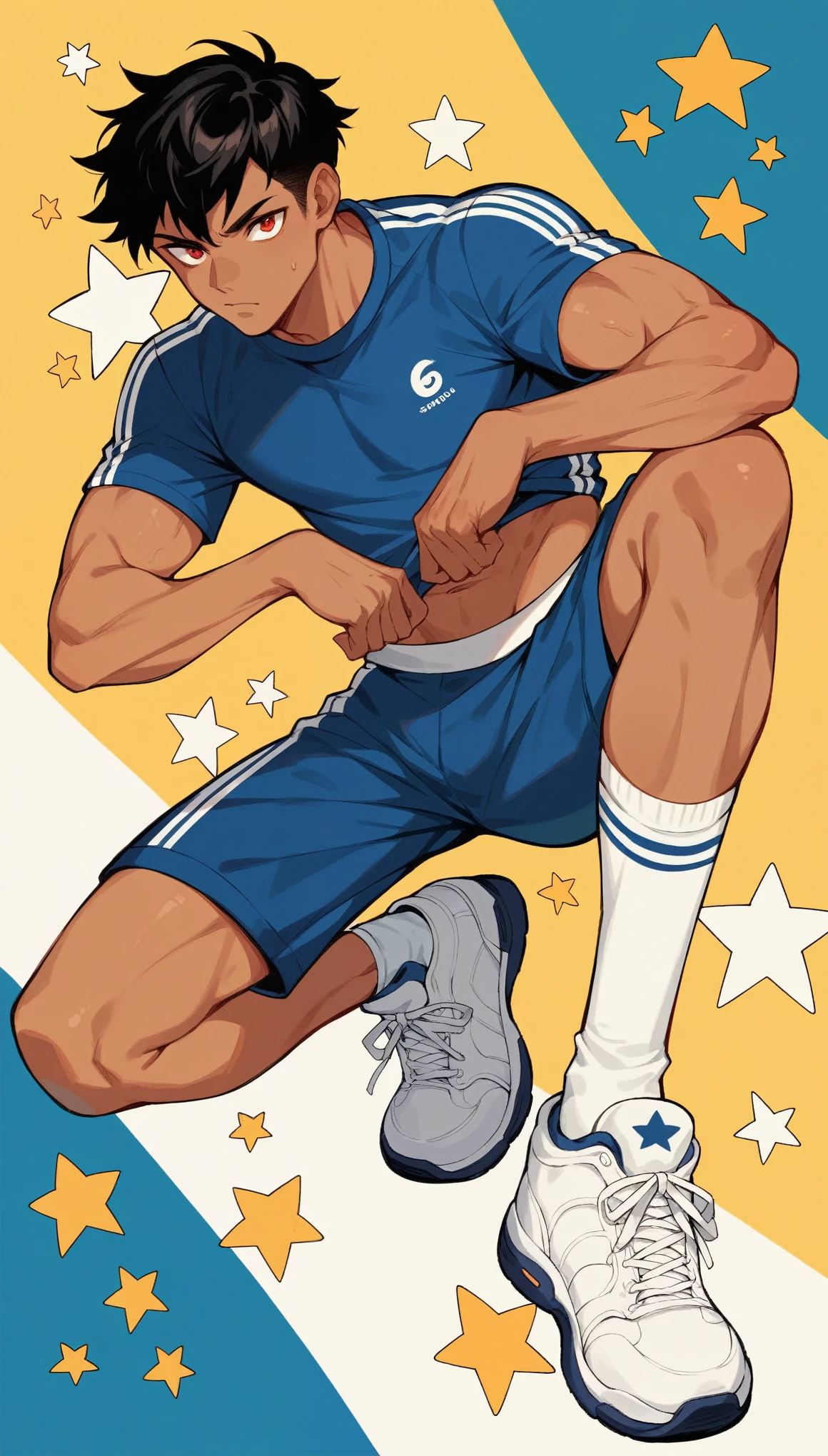 Handsome boy,Black Hair,Tanned skin,Sportswear,Slim body,He has a pair of warm red eyes,Stars background,White socks,White sneakers,Vision