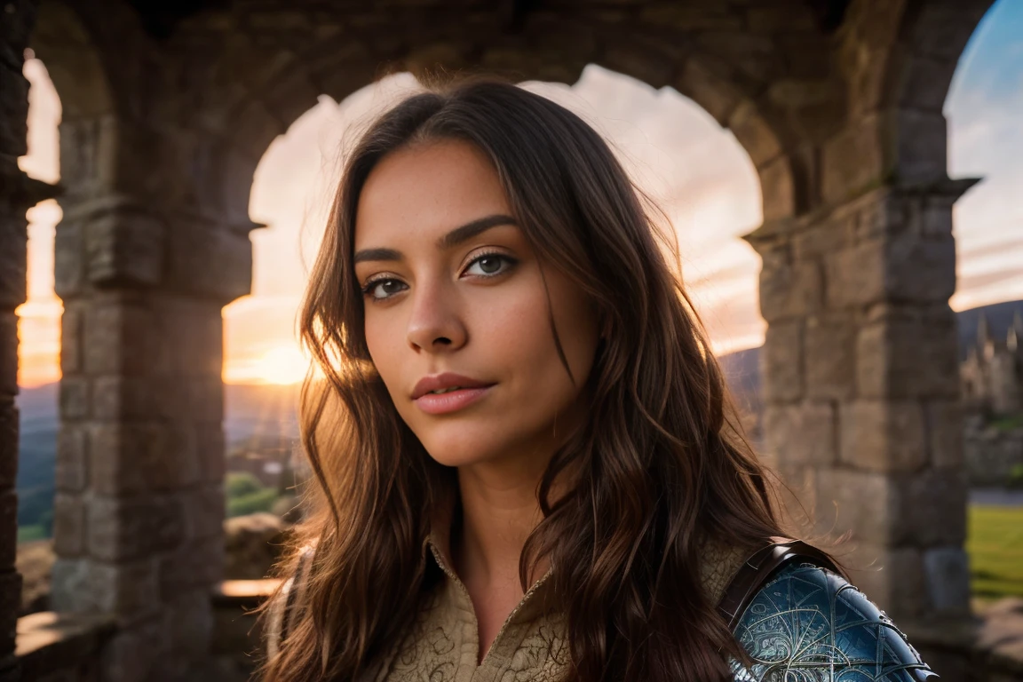 beautiful brunette with brown highlights, (22 years, innocent face, natural wavy hair, blue eyes, natural tits) (masterpiece), (extremely intricate:1.3), (realist), portrait of a girl, the most beautiful in the world, (medieval armor), metal reflections, Upper part of the body, outdoor, intense sunlight, distant castle, Detailed professional photography of a stunning woman., sharp focus, dramatic, awarded, cinematic lighting, octane render unreal engine, volumetric dtx, (film grain, blurred background, blurred closeup, bokeh, depth of field, Sunset, Motion blur:1.3), coat of mail (((Standing inside a castle in Scotland.))) ((35mm panoramic photo)) ((dinner set)) ((
brown women&#39;s boots)) (beautiful woman) ((spade))