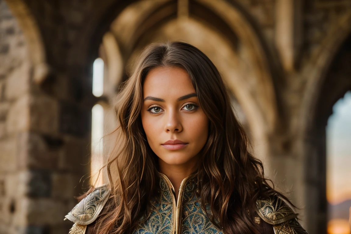 beautiful brunette with brown highlights, (22 years, innocent face, natural wavy hair, blue eyes, natural tits) (masterpiece), (extremely intricate:1.3), (realist), portrait of a girl, the most beautiful in the world, (medieval armor), metal reflections, Upper part of the body, outdoor, intense sunlight, distant castle, Detailed professional photography of a stunning woman., sharp focus, dramatic, awarded, cinematic lighting, octane render unreal engine, volumetric dtx, (film grain, blurred background, blurred closeup, bokeh, depth of field, Sunset, Motion blur:1.3), coat of mail (((Standing inside a castle in Scotland.))) ((35mm panoramic photo)) ((dinner set)) ((
brown women&#39;s boots)) (beautiful woman) ((spade))