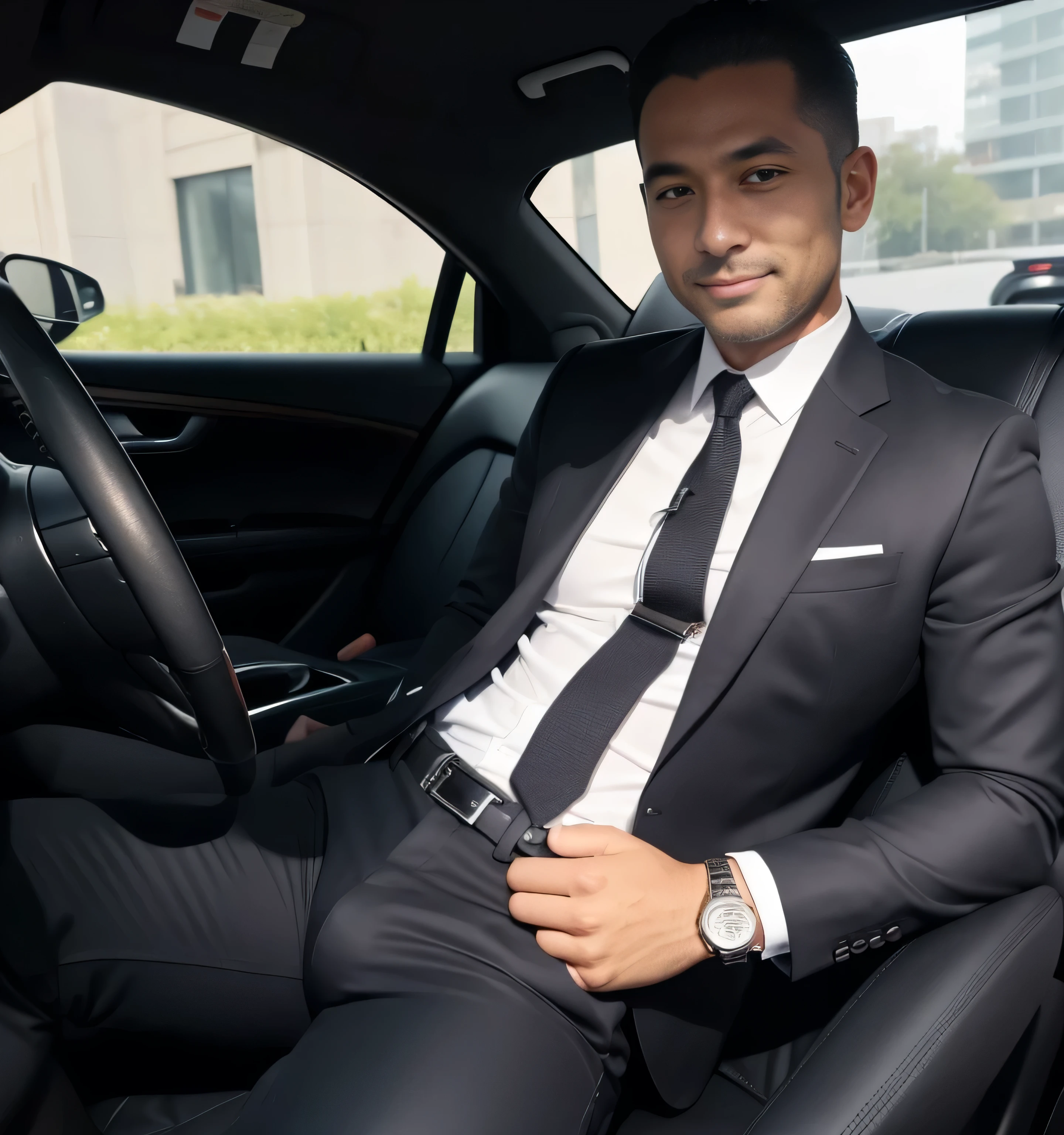 40 years old,One Man,Black Suit,Inside the car、mafia、legs wide open、The  area of the pants is bulging,Bulging muscles,Gay ,Short Hair,Short Hair、Stubble,Turk,Hermes Belt。Smile a little