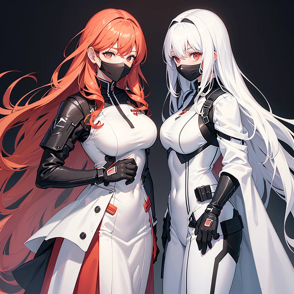 Female, medium breast size, white and red hair, curly hair, white skin tone, fully clothed black soldier suit, fully black suit, black mask, one human