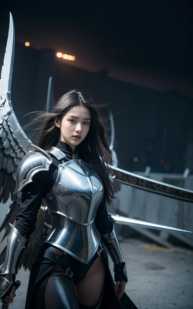 Ultra-high resolution，High-resolution details，18-year-old beauty，Exquisite facial features，Sexy lips，A powerful angel in armor, Beautiful accessories，Sword with shield, （Black wings）, The Bad Guys，Be prepared for battle ，Background of the battle between the two armies，Imposing