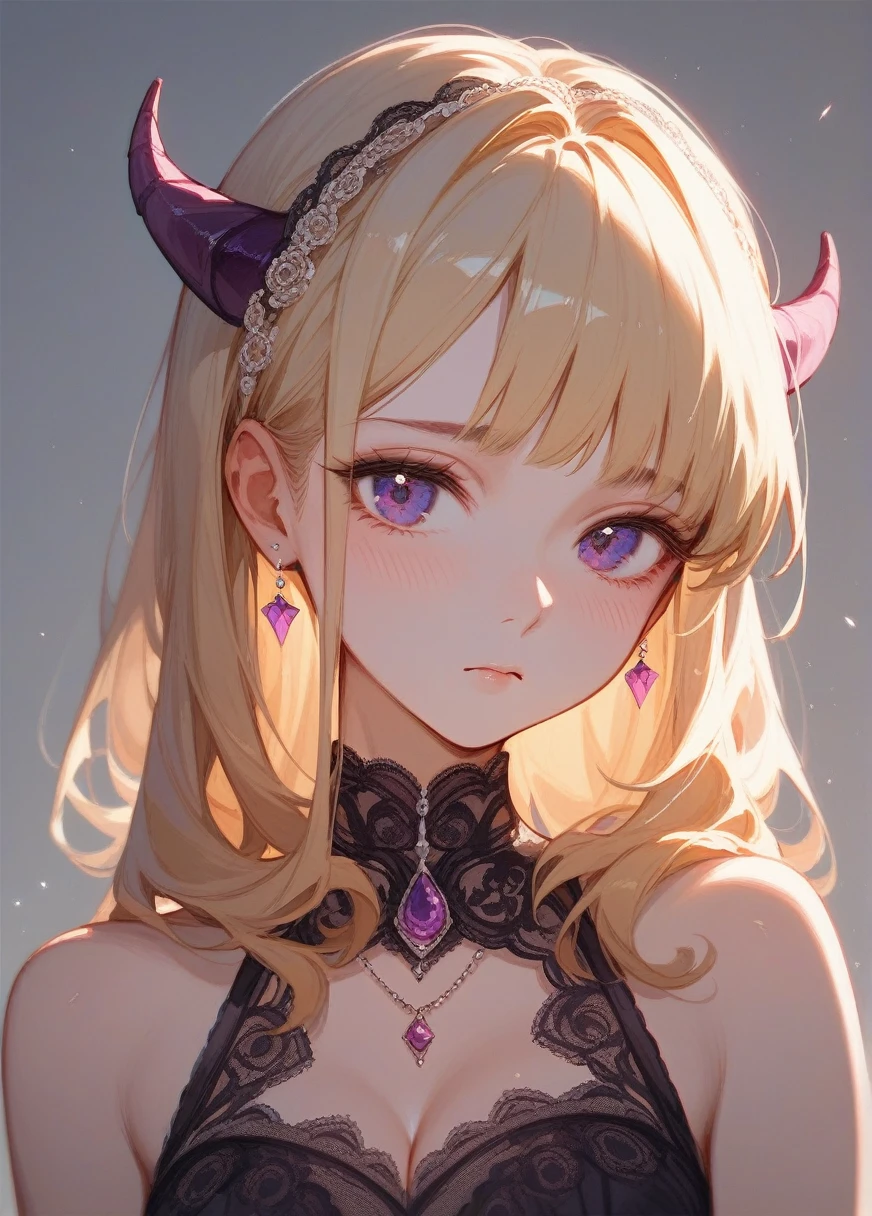 (Fraction_9,Fraction_8_Direction_7_up),1 Girl,Devil Girl,blonde,Purple Eyes,wing,Lace Skirt,beautiful_Face,whole body,Shy expression