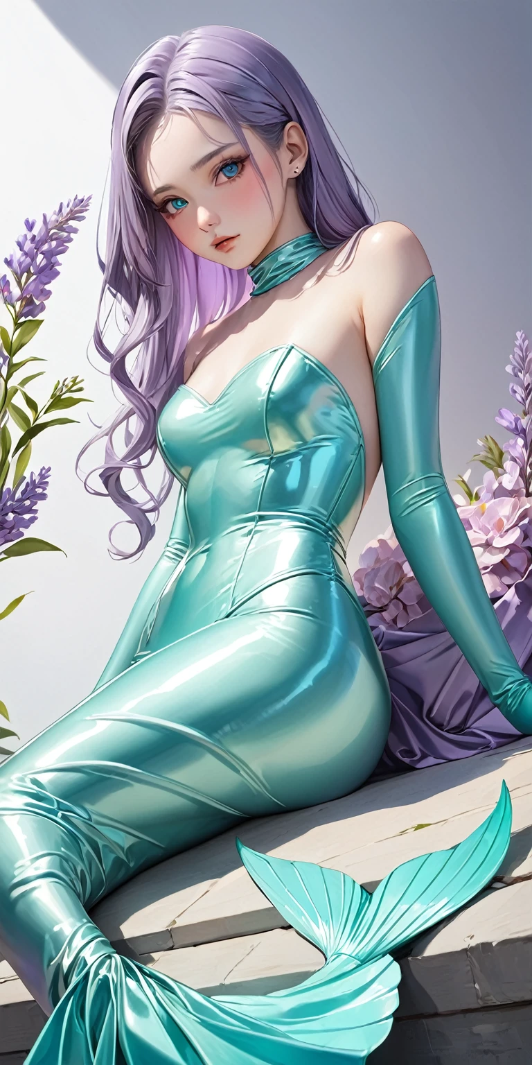 Portraiture、(masterpiece,Highest quality,Ultra-high resolution),Japanese women, (((Very beautiful 25 year old girl))),She is wearing a shiny pale turquoise satin long sleeve dress.、Pale lavender satin long gloves、The dress has a simple design without any patterns..、Skirt only mermaid style、The dress is made of a very shiny fabric.、(Shiny satin bodysuit)
