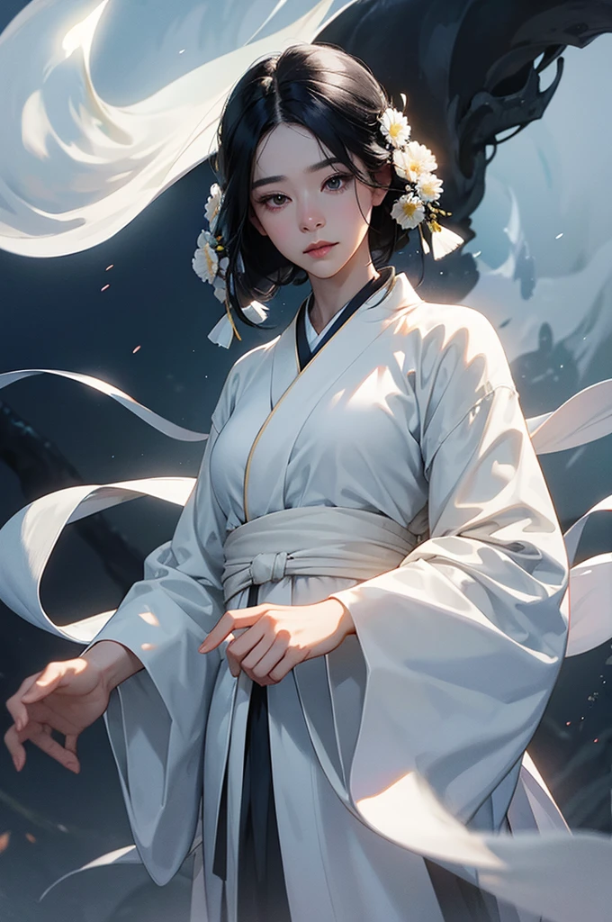 The ghost of a beautiful woman wearing a white kimono and black hair that shines through the fantastical mist