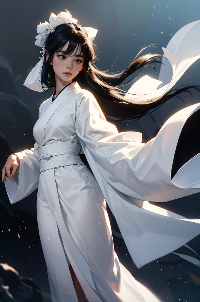 The ghost of a beautiful woman wearing a white kimono and black hair that shines through the fantastical mist