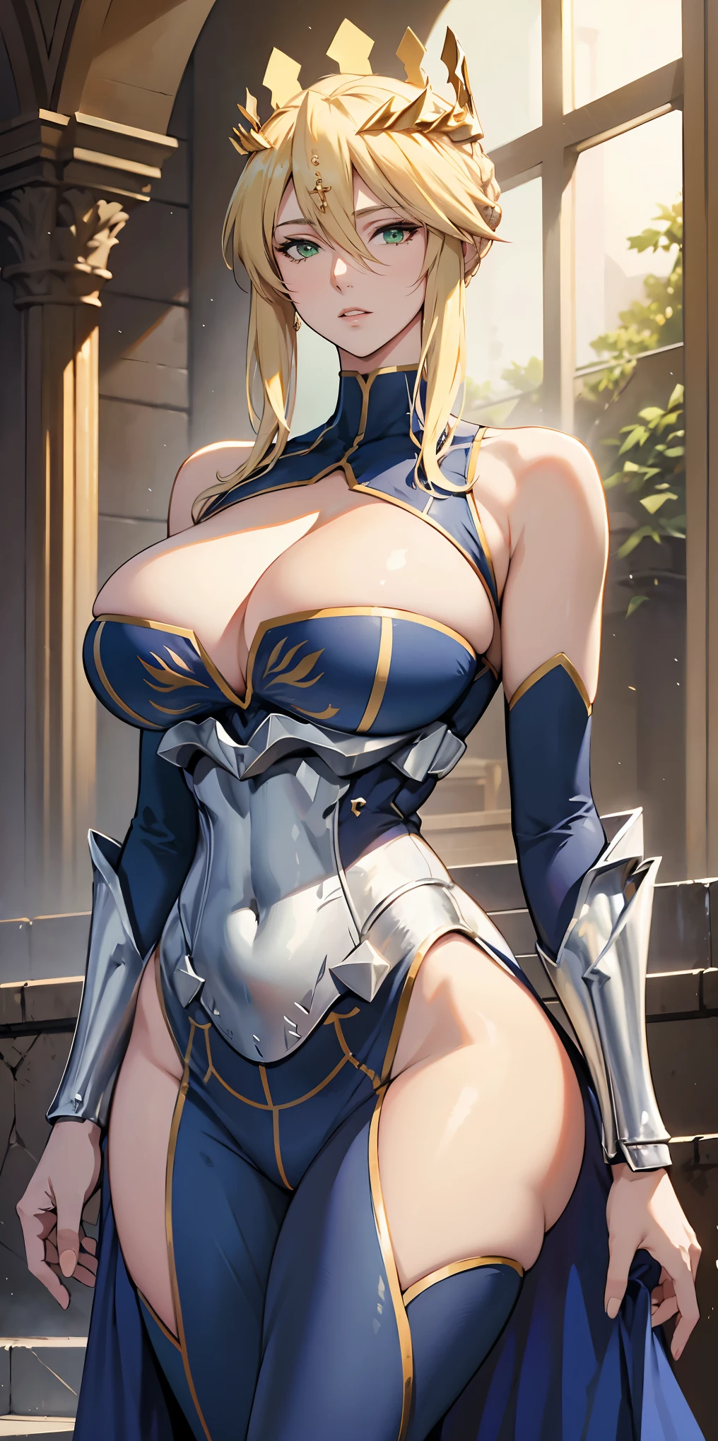 Artoria Lancer, woman, elegant, blonde hair, green eyes, curvaceous, crown, bare shoulder, upper body, 4k resolution, high quality