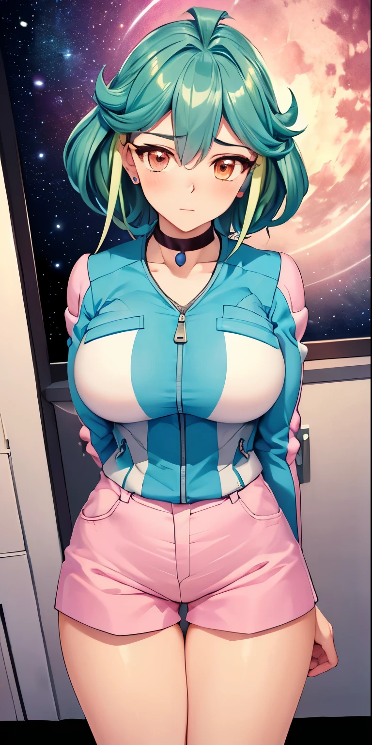 masterpiece, best quality, ultra-detailed, illustration,masterpiece, 8k,Best quality, high resolution, high resolution, rin_arc_v,  1girl,  solo,  (large breasts,  medium breasts:1.2),  (wide hips:1.2),  (blue jacket,  long sleeves:1.2),  (pink shorts,  short shorts:1.3),  black choker,  barefoot,jewelry ,beautiful detailed eyes, looking at viewer in a seductive look, close up, (breast focus), (arms behind back:1.2), tight clothes ,(from above:1.1),  medium sized breasts ,attempt to seductive,blush,(wide thighs:1.3), moonlight,sky, ((full body:1.5)),( green snickers ), multicolored hair , detailed face, detailed body,(profile view)