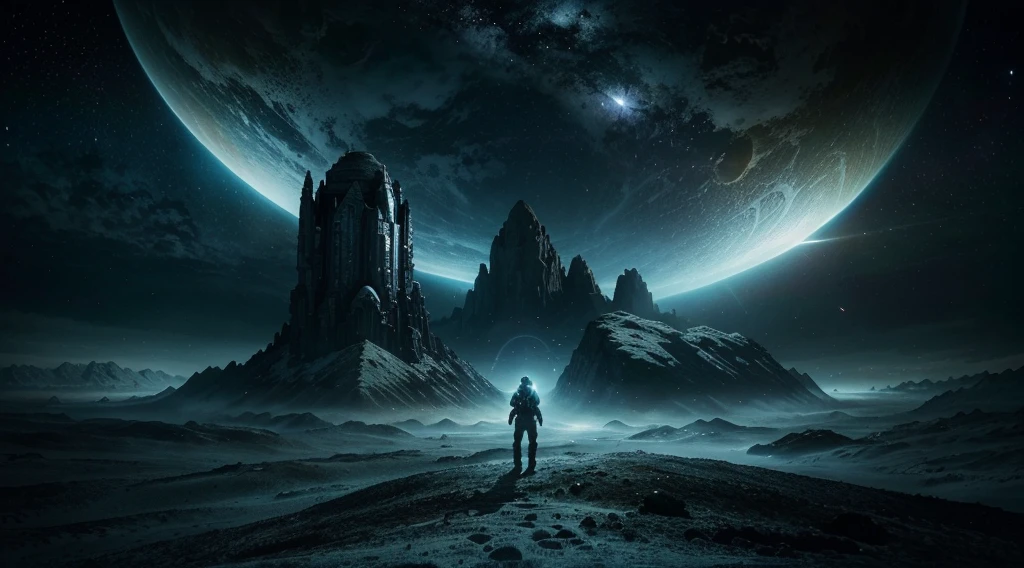 "Crie uma imagem deslumbrante, caracterizada por alta qualidade, Advanced details and a cinematic style. Retrate um astronauta em seu traje espacial, looking at the helmet visor that reflects the vastness of space, enquanto sua nave espacial surge majestosamente ao fundo. Integrate elements from an imaginary world, with unique creatures, surreal landscapes and a magical atmosphere. Dedicate yourself to the details to build a cohesive universe that transports the viewer beyond reality, exploring the border between space and fantasy."