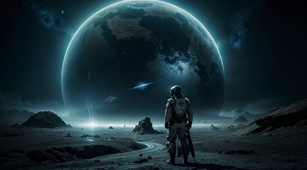 "Crie uma imagem deslumbrante, caracterizada por alta qualidade, Advanced details and a cinematic style. Retrate um astronauta em seu traje espacial, looking at the helmet visor that reflects the vastness of space, enquanto sua nave espacial surge majestosamente ao fundo. Integrate elements from an imaginary world, with unique creatures, surreal landscapes and a magical atmosphere. Dedicate yourself to the details to build a cohesive universe that transports the viewer beyond reality, exploring the border between space and fantasy."