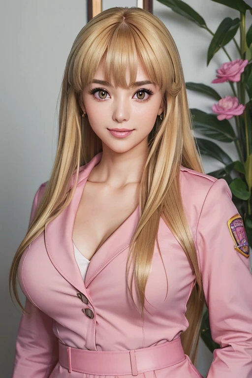 RAW Photos, ((((A portrait of extreme beauty))), Very long blonde hair, bangs, Brown eyes, Glossy pink lips, clavicle, Pink clothes, (masterpiece, Highest quality:1.4), Police uniform, Female police officer, Pink Uniform, Cleavage, Pink pencil skirt, Long sleeve , Chest pocket, formal, Pink Shirt, Outdoor, Police Department, Reiko seduces by lifting her breasts with both hands, (((masterpiece, Highest quality; 1.3)), Great quality, Beautiful details, Very detailedな, Ultra-fine, 16K, Exquisite, Absurd, High resolution, Beautiful background, Detailed Background, Beautiful Eyes, Beautiful Skin, Anime Style, RAW Photos , Very detailed:1.2), One Girl, alone, Full body portrait of a woman, Chest Focus, Attractive person, Mature Body, Fat, Plump, View your viewers, smile, Good move, The best move,