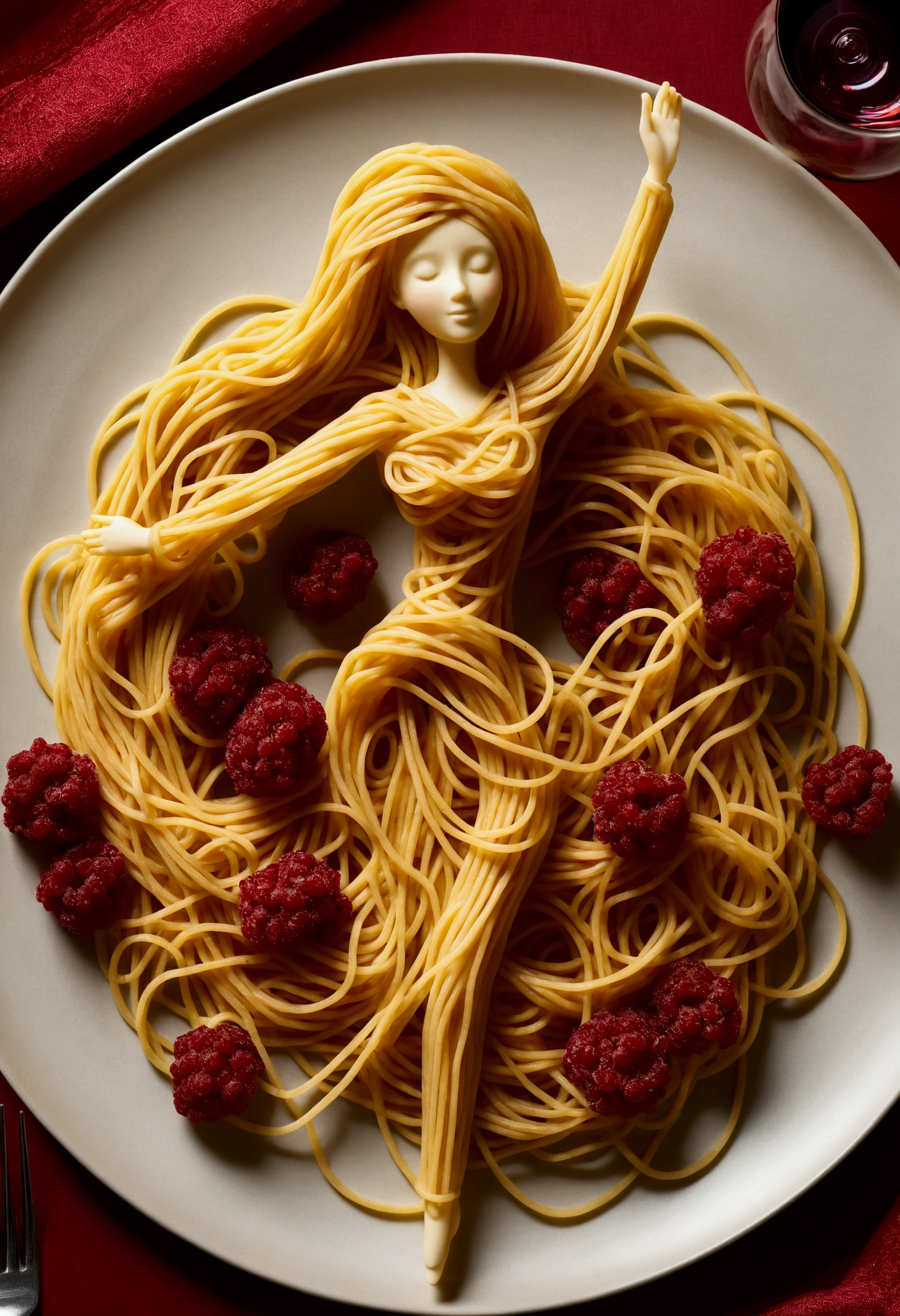 Create a whimsical and artistic scene featuring a single human-like figure made entirely of spaghetti. This figure should appear to be dancing gracefully on a plate. The background should depict a cozy kitchen setting with warm, ambient lighting, creating a romantic and intimate atmosphere. Include elements such as a glass of red wine and a beautifully set table to enhance the mood