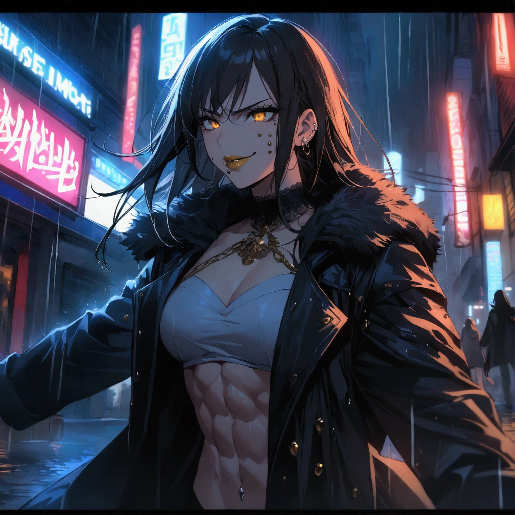 (anime women looking at guy with long dark hair in coat), dark outfit with red and blue details, white hair, (golden dragon eyes) standing in a rain soaked, city street at night, cinematic lighting (best quality:1.2)detailed, neon lights, vivid colors,bokeh, angry looking face with smirk on mouth, piercing, ABS, ((face piercing)), gaze, 4k, particles in the air, powers, amazing art work full of details, dynamic movement, (gold lips)
