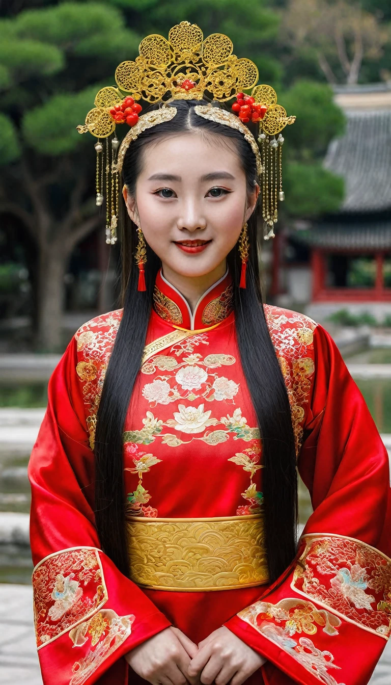 A Chinese girl with a good figure from the Qing Dynasty with long hair. Wearing gold head accessories, wearing a red traditional Chinese costume, posing for photos in the palace grounds.