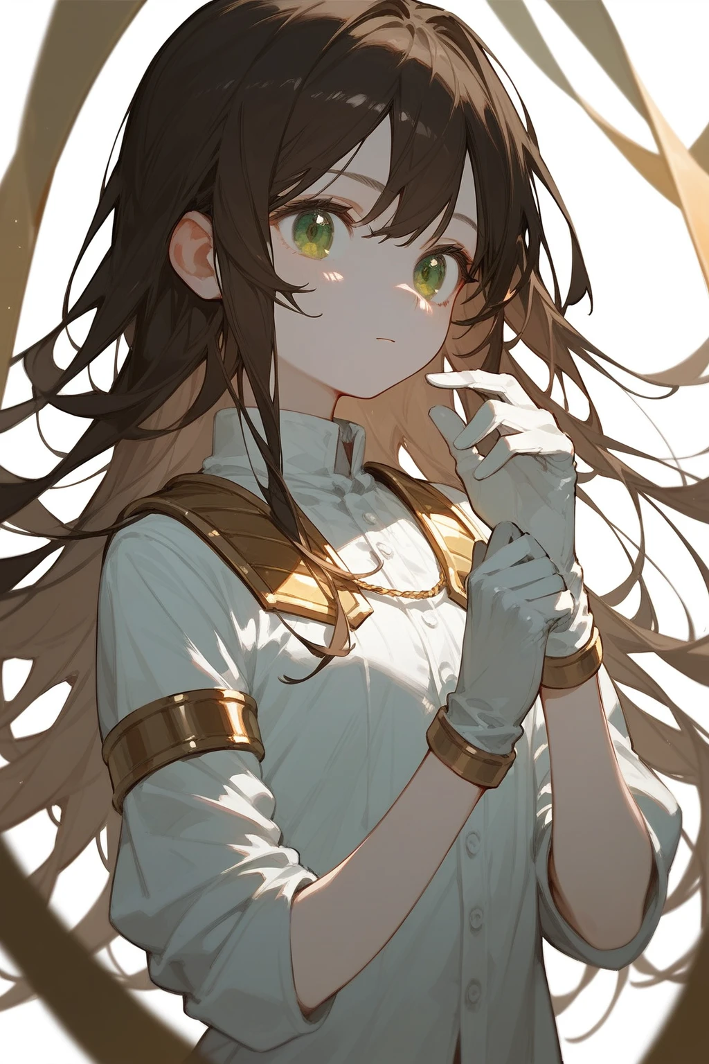 1 young girl,Dark brown long hair,Green Eyes,White shirt,White gloves,Gold Shoulders,No pants,White skin