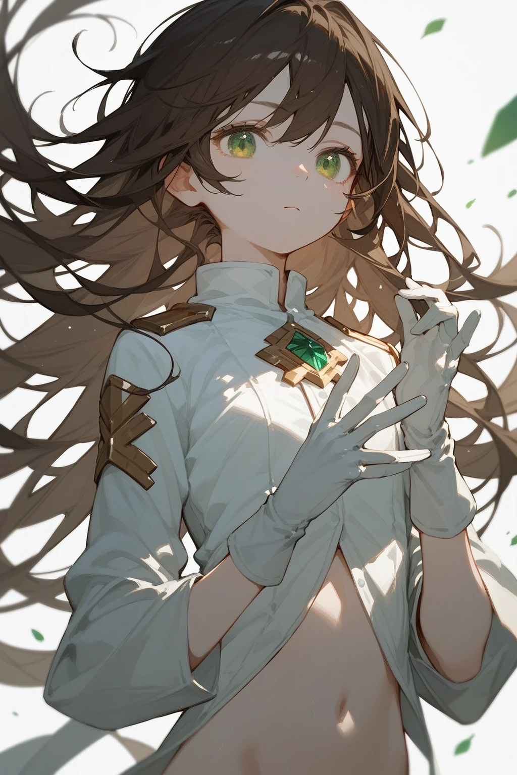 1 young girl,Dark brown long hair,Green Eyes,White shirt,White gloves,Gold Shoulders,No pants,White skin