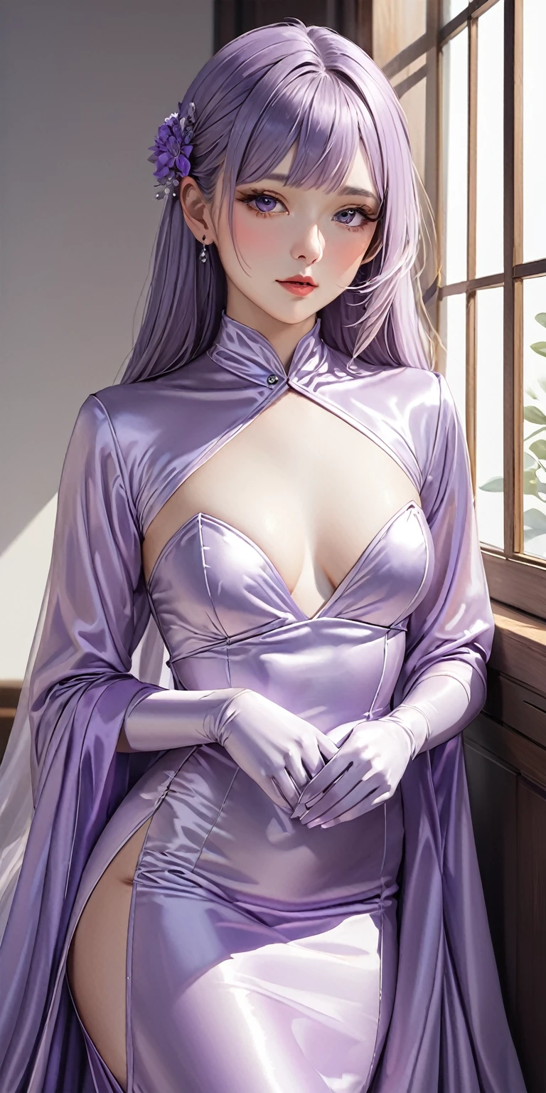 Portraiture、(masterpiece,Highest quality,Ultra-high resolution),Japanese women, (((Very beautiful 25 year old girl))),She is wearing a shiny pale lavender colored satin long sleeve dress..、Pale lavender satin long gloves、The dress has a simple design without any patterns..、The skirt is very long、The dress is made of a very shiny fabric.、(Shiny satin bodysuit)