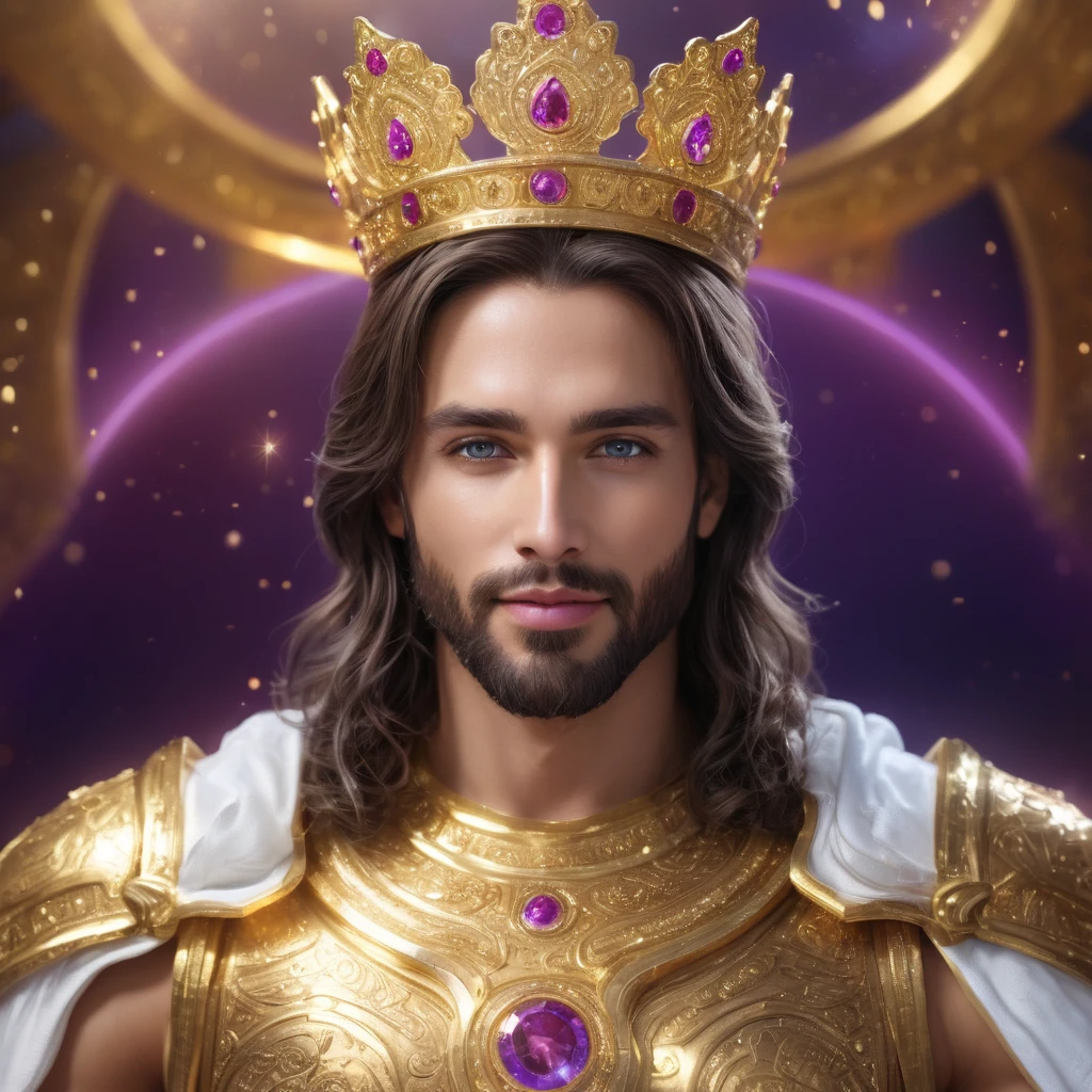 Sitting on a divine throne, the King Jesus Christ, Wrapped in bright light, holding in his right hand the great golden book of life, dressed in celestial gold and white armor with sparkling purple and red diamonds, futuristic style, in a divine light, Smiling with white teeth, perfect, with beautiful blue eyes, Epic Cinematic BG, quality details, 8k, 3D, perfect hands, beta2:0.8, super beautiful physiognomy, perfect and precise muscles.