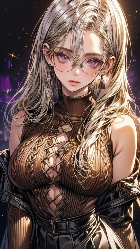 Photograph of the upper body of a beautiful woman, , [see through](brown sweater:1.47),(skirt), big breasts, ( perfect body curves), earring, Sharp focus, (tall body, mature woman), ((Looking ahead)), (Highly detailed skin, hair follicles:1.4) (long silver hair),(purple eyes), Wearing glasses, office outfit 