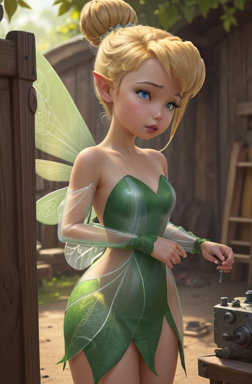 masterpiece, 8k, perfect ligthing, , adult, female, looking at viewer, cinematic lighting, cowboy shot,  TinkerBell, (TinkerBellWaifu:1.1), single hair bun, (dress), (green clothe), (transparent fairy wings:1.6), (green clothe), ((clothes made from leaves)), pointy ears, blush, shrunken, inside clock, mechanical clock, gears in the background, (tinkering:1.5), pixiedust,