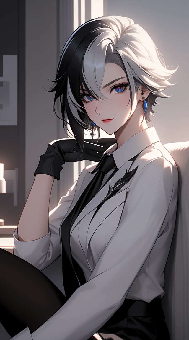 1girl, solo, white hair, black hair, multicolored hair, black eyes, x-shaped pupils,
BREAK (({Black business suit:1.40},{tie:1.20},{White gloves:1.15},{ White shirt:1.10}, {Black Skirt:1.15}, good looking:1.5))
BREAK expressionless, looking at viewer, sitting,
BREAK (masterpiece:1.2), best quality, high resolution, unity 8k wallpaper, (illustration:0.8), (beautiful detailed eyes:1.6), extremely detailed face, perfect lighting, extremely detailed CG, (perfect hands, perfect anatomy),