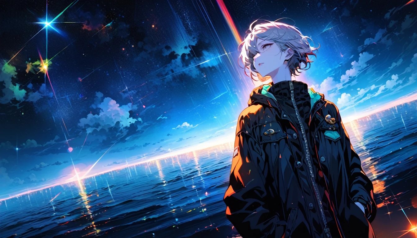 Starry Sky, After the Rain, horizon , In the sky,Lens flare, colorful,coat,Put your hands in your pockets,(student, 18-year-old, ＪＫ, Her short silver hair sways, Pale skin, Lack of eye sparkle) Looking up at the sky, Beautiful sky, There is an ocean,White Street,The scenery is beautiful, 広いLooking up at the sky, I see the wind blowing and shining, In the sky there is a noon moon and a noon star,From below, BREAK ,quality(8k,Highly detailed CG unit wallpaper, masterpiece,High resolution,top-quality,top-quality real texture skin,surreal,Increase the resolution,RAW Photos,highest quality,Very detailed,wallpaper,Cinema Lighting,Ray Tracing,Golden Ratio),Have a long-term perspective