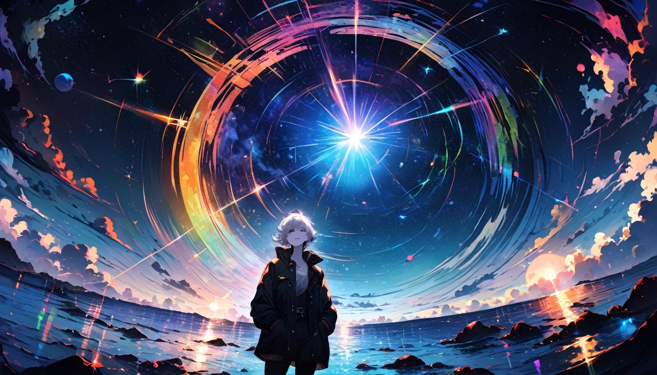 Starry Sky, After the Rain, horizon , In the sky,Lens flare, colorful,coat,Put your hands in your pockets,(student, 18-year-old, ＪＫ, Her short silver hair sways, Pale skin, Lack of eye sparkle) Looking up at the sky, Beautiful sky, There is an ocean,White Street,The scenery is beautiful, 広いLooking up at the sky, I see the wind blowing and shining, In the sky there is a noon moon and a noon star,From below, BREAK ,quality(8k,Highly detailed CG unit wallpaper, masterpiece,High resolution,top-quality,top-quality real texture skin,surreal,Increase the resolution,RAW Photos,highest quality,Very detailed,wallpaper,Cinema Lighting,Ray Tracing,Golden Ratio),Have a long-term perspective