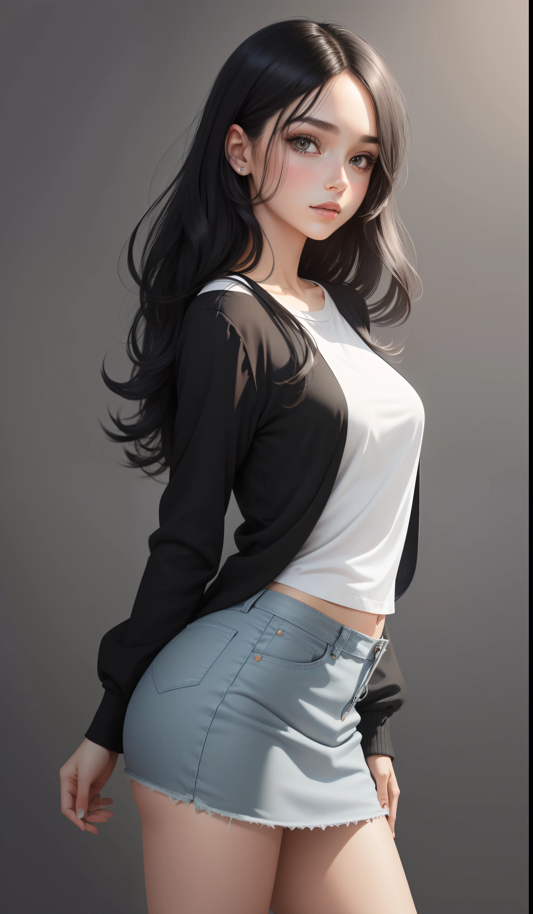 a woman in casual clothes, white long sleeve t-shirt and circle skirt ,converse shoes, 17 years old, adult face, slightly wavy shoulder length hair, (( black hair)) and bright vibrant and detailed gray eyes, Slim frame, medium breasts, long and thin legs, beautiful face, medium butt size, small feet size, small hand size, perfect hands, scary face, beautiful face, pretty face, attractive woman, british woman, cream skin, small soft pink lips , small to medium chest size, Sharp Features, slim hourglass figure,