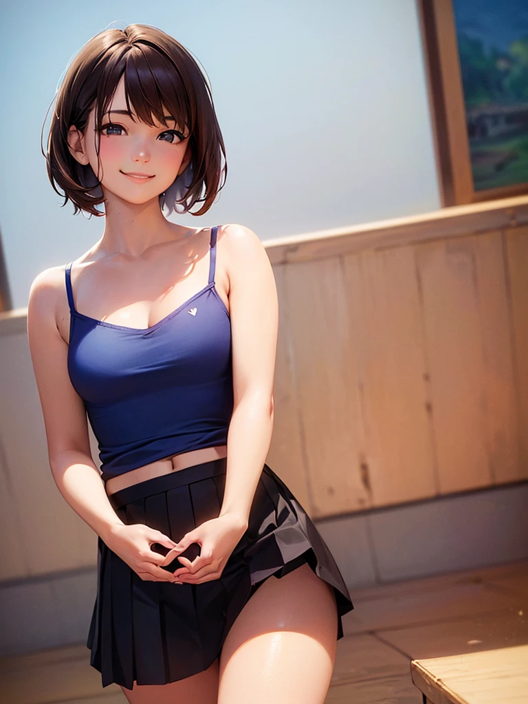 (Highest quality、8k、32K、masterpiece)、(Realistic)、(Realistic:1.2)、(High resolution)、Very detailed、Very beautiful face and eyes、(((Women's Solo Shot)))、Tight waist、(Highest quality、Attention to detail、Rich skin detail)、(Highest quality、8k、Oil paints:1.2)、(Realistic、Realistic:1.37)、Bright colors、(((Cowboy Shot)))、(((Bob Hair)))、(((Medium Hair)))、(((He has a happy face.)))、((smile))、(((Brown Hair)))、((Blue camisole、Heart camisole、Black pleated skirt, mini skirt), )、(((blue sky)))、(((Sunny)))、(((It's sunny)))、(((Teeth are visible)))、(((It's a snowy mountain.)))、((((Crouching)))