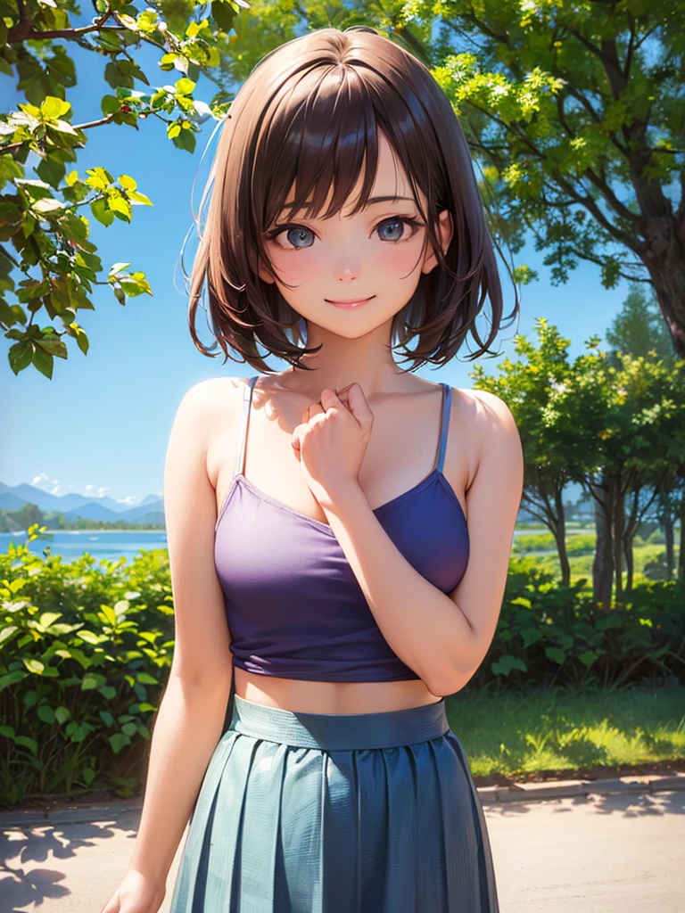 (Highest quality、8k、32K、masterpiece)、(Realistic)、(Realistic:1.2)、(High resolution)、Very detailed、Very beautiful face and eyes、(((Women's Solo Shot)))、Tight waist、(Highest quality、Attention to detail、Rich skin detail)、(Highest quality、8k、Oil paints:1.2)、(Realistic、Realistic:1.37)、Bright colors、(((Cowboy Shot)))、(((Bob Hair)))、(((Medium Hair)))、(((He has a happy face.)))、((smile))、(((Brown Hair)))、((Blue camisole、Heart camisole、Black pleated skirt, mini skirt), )、(((blue sky)))、(((Sunny)))、(((It's sunny)))、(((Teeth are visible)))、(((It's a snowy mountain.)))、((((Crouching)))