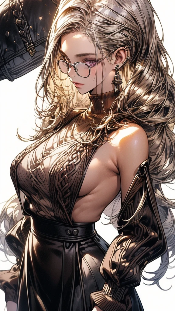 Photograph of the upper body of a beautiful woman, , [see through](brown sweater:1.47),(skirt), big breasts, ( perfect body curves), earring, Sharp focus, (tall body, mature woman), ((Looking ahead)), (Highly detailed skin, hair follicles:1.4) (long silver hair),(purple eyes), Wearing glasses, office outfit 