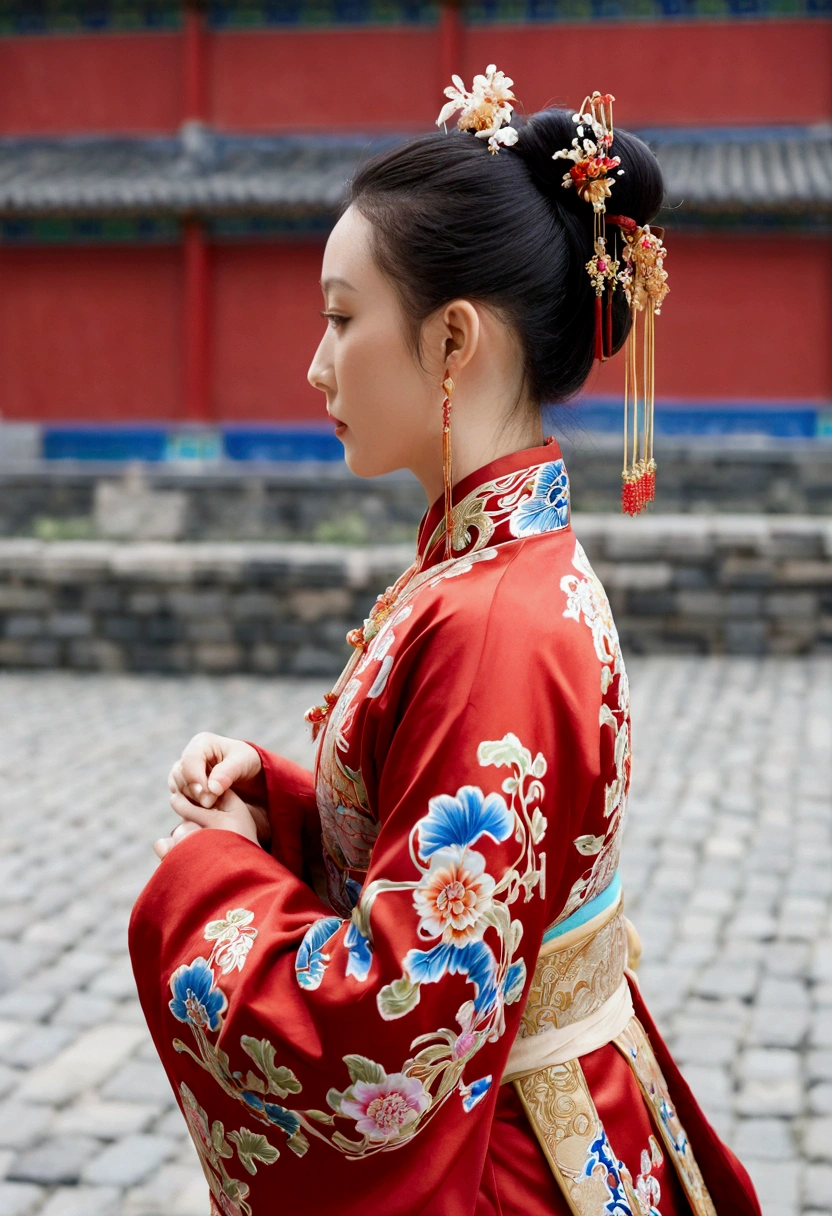 Photo showing profile from under the buttocks
On the cobblestones outside the Qing palace, Empress Qing Dynasty, dressed in red Manchu clothes with garish floral pattern and hairpin
Nude model on all fours with her hair tied up and pulled up, showing only her bare buttocks in profile,