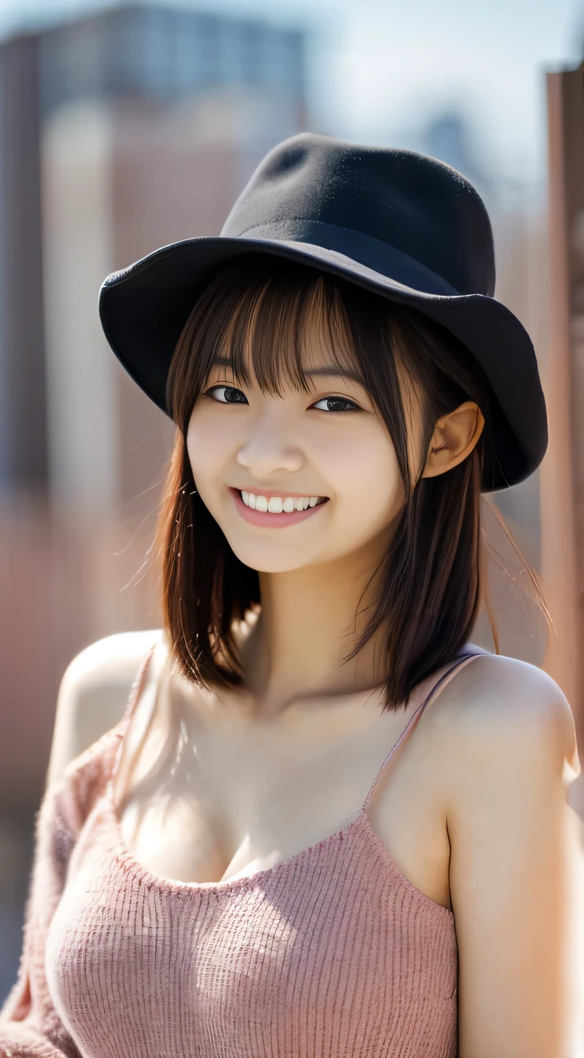 masterpiece,best quality,(Japanese girl),((Beautiful girl)),cleavage,(perfect body beauty:1.2),(shy smile),beautiful teeth,(hat),(Blurred background of brick buildings),
