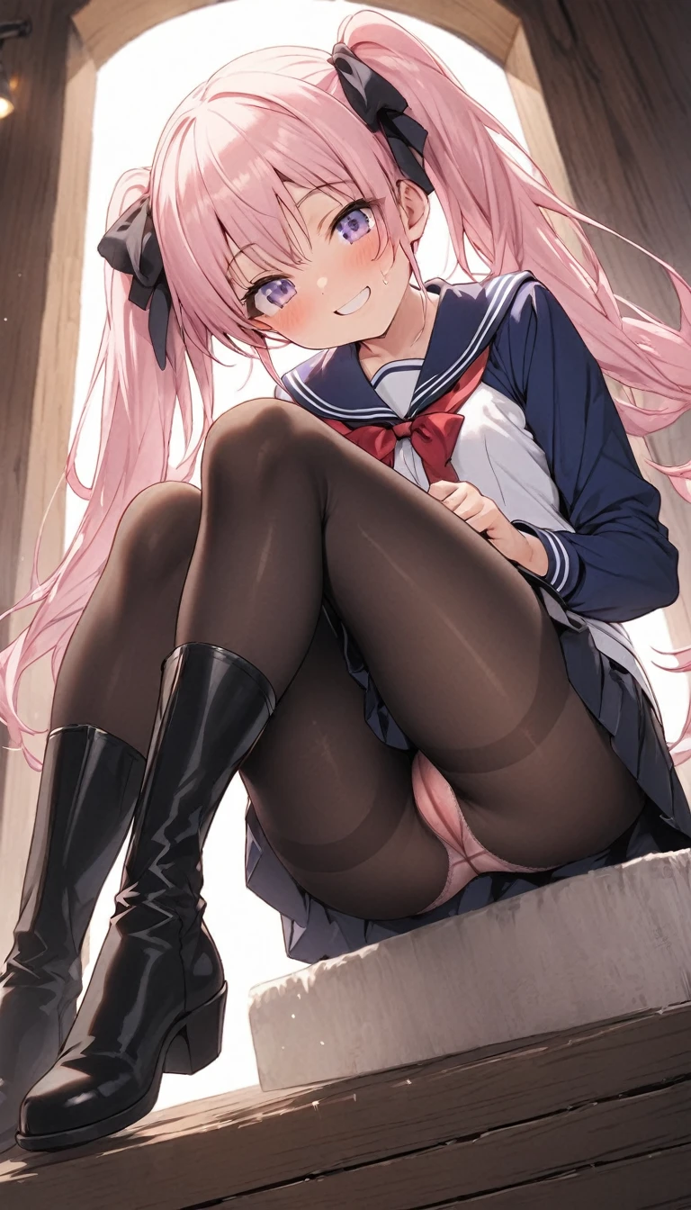 beautiful girl、、、、Twin tails、Pleated skirt、Black Pantyhose、panties under pantyhose、entrance、Highest quality, smile,Sit down and take off your boots、Pink Panties、Sweaty ass、Sweaty crotch、Low - Angle、Cowboy Shot、The gesture of taking off boots、Have boots、Steam from boots、Take off one boot、しゃがんでTake off one boot