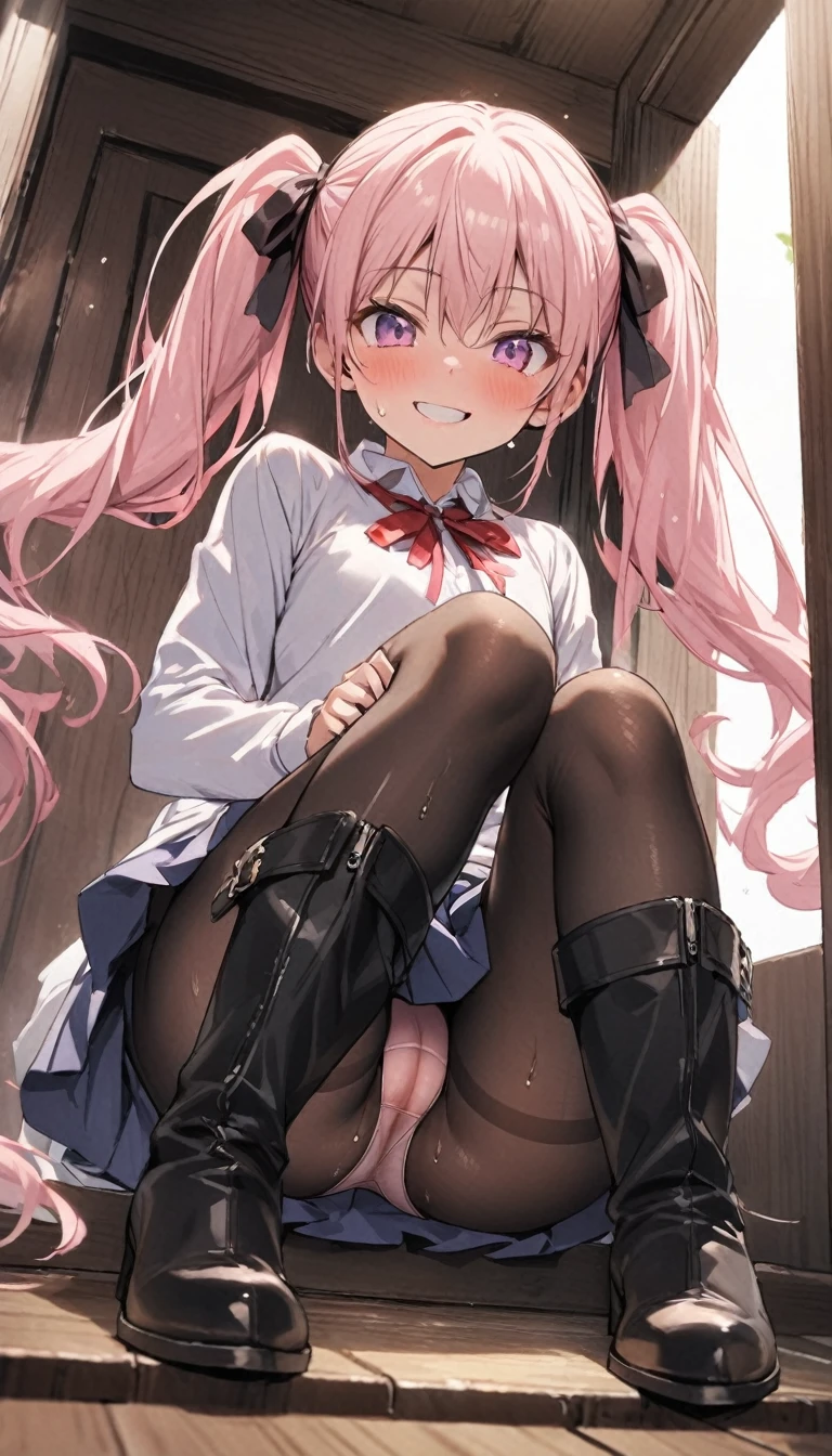 beautiful girl、、、、Twin tails、Pleated skirt、Black Pantyhose、panties under pantyhose、entrance、Highest quality, smile,Sit down and take off your boots、Pink Panties、Sweaty ass、Sweaty crotch、Low - Angle、Cowboy Shot、The gesture of taking off boots、Have boots、Steam from boots、Take off one boot、しゃがんでTake off one boot
