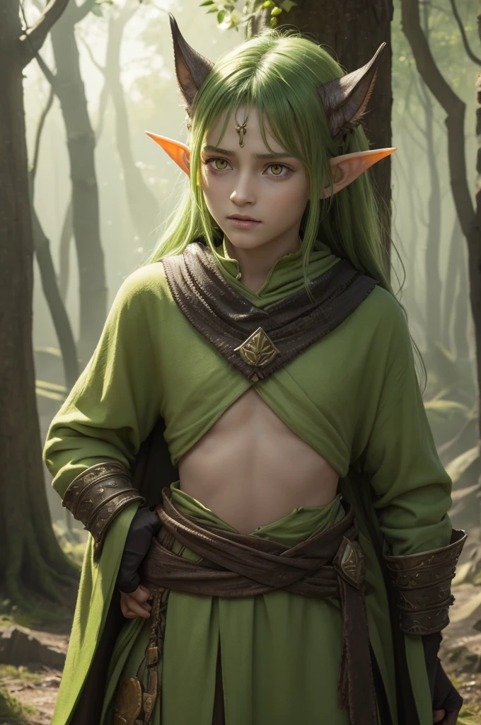 Im Hintergrund ist ein dichter Wald, a slender elf with small breasts sits on a branch, It has a long green foliage, Sie hat lange Haare und Elfenohren aus Spitze, gekämpftes Hair, lange unordentliche offene Haare, sie hat helle haut,