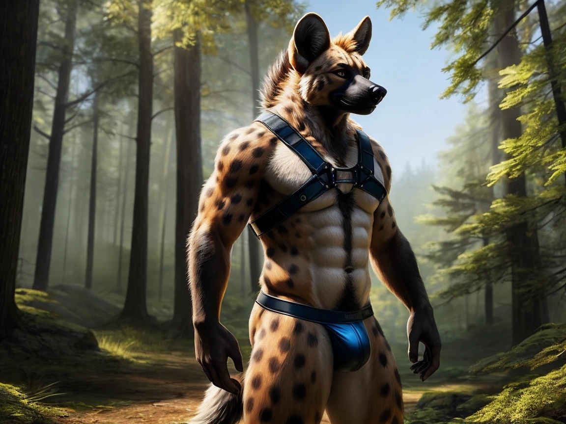 anthro, hyena, male, adult, fit, jock strap, big burge, full-body harness, markings, realistic fur, detailed background, forest background, realistic, photorealistic, ultra realistic, 8k,